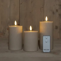 Anna's Collection Anna Collection LED stompkaarsen - 3x - taupe/grijs - ribbel - H7,5 cm New