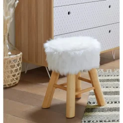 Atmosphera Bijzet/zit krukje Oslo - hout/stof - wit - H42 cm Outlet