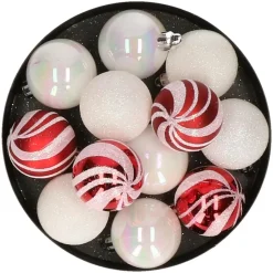 Atmosphera kerstballen 12x -kunststof - parelmoer wit/rood - 4 cm Sale