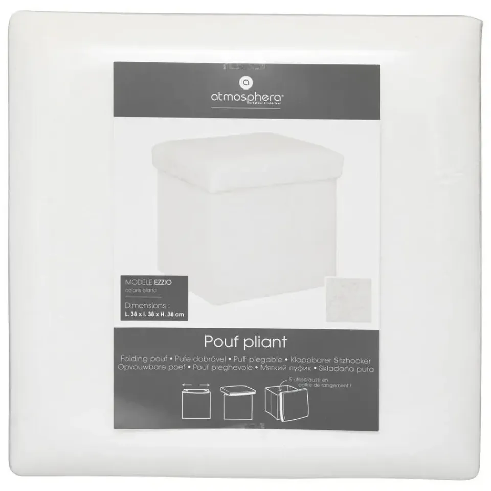 Atmosphera Poef/hocker - opbergbox - wit - PU/MDF - 38 x 38 cm