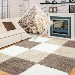 Muratap Basic Shaggy Geblokt vloerkleed Bruin / Beige Hoogpolig - 200x290 CM Best