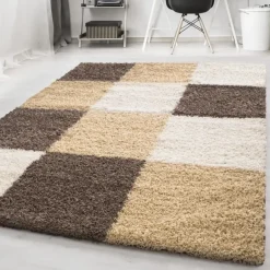 Muratap Basic Shaggy Geblokt vloerkleed Bruin / Beige Hoogpolig - 160x230 CM