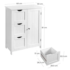 Bobbel Home - Badkamermeubel - Badkamerkast - 3 Lades - 1 Deur - Hout - Wit Discount