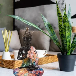 Merkloos Boeddha beeld - kunststeen - zwart/kleurenmix - 16 x 26 cm Discount