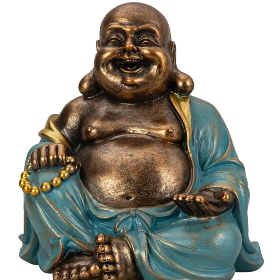 Merkloos Boeddha beeld Happy Shaman - kunststeen - goud/jade - 22 x 23 cm