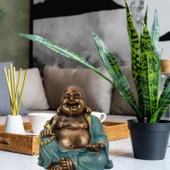 Merkloos Boeddha beeld Happy Shaman - kunststeen - goud/jade - 22 x 23 cm