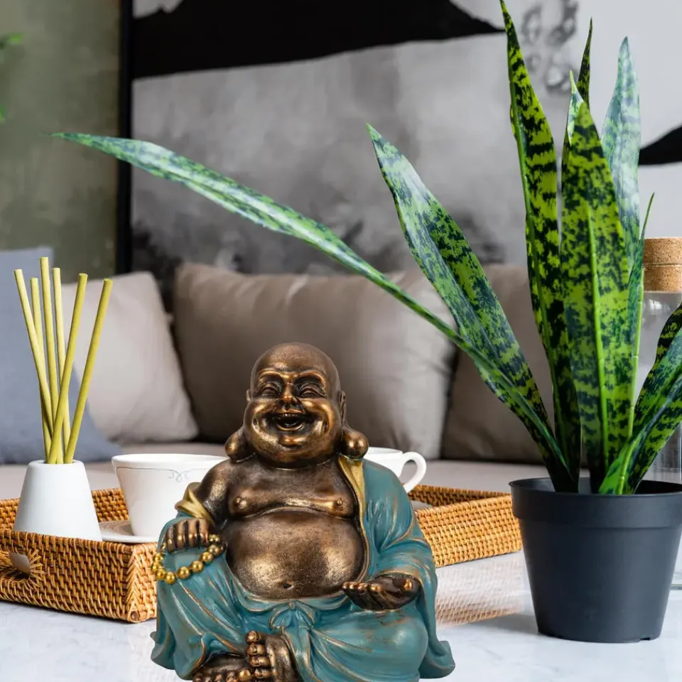 Merkloos Boeddha beeld Happy Shaman - kunststeen - goud/jade - 22 x 23 cm