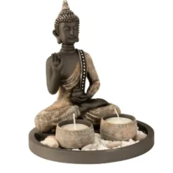 Merkloos Boeddha beeldje - kaarshouders - schaal - goud/grijs - 18 x 21 cm Hot