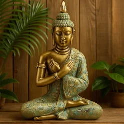 Merkloos Boeddha beeldje - zittend - goud/groen - tuin en woondecoratie - 33 cm New