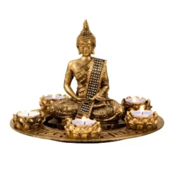 Merkloos Boeddha beeldje met 5 kaarshouders op schaal - goud - 27 x 20 cm Outlet