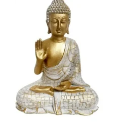 Merkloos Boeddha decoratie beeldje - kunststeen - goud/wit - 22cm hoog Discount