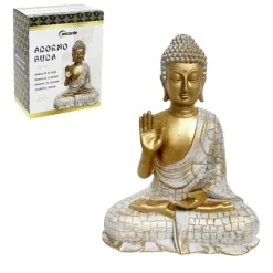 Merkloos Boeddha decoratie beeldje - kunststeen - goud/wit - 22cm hoog Discount