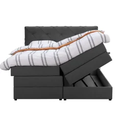 Leen Bakker Boxspring met opbergruimte Liv geruit - antraciet - 140x200 cm Best