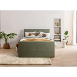 Leen Bakker Boxspring met voetbord Liv geblokt - groen - 120x200 cm - slanke poot Clearance