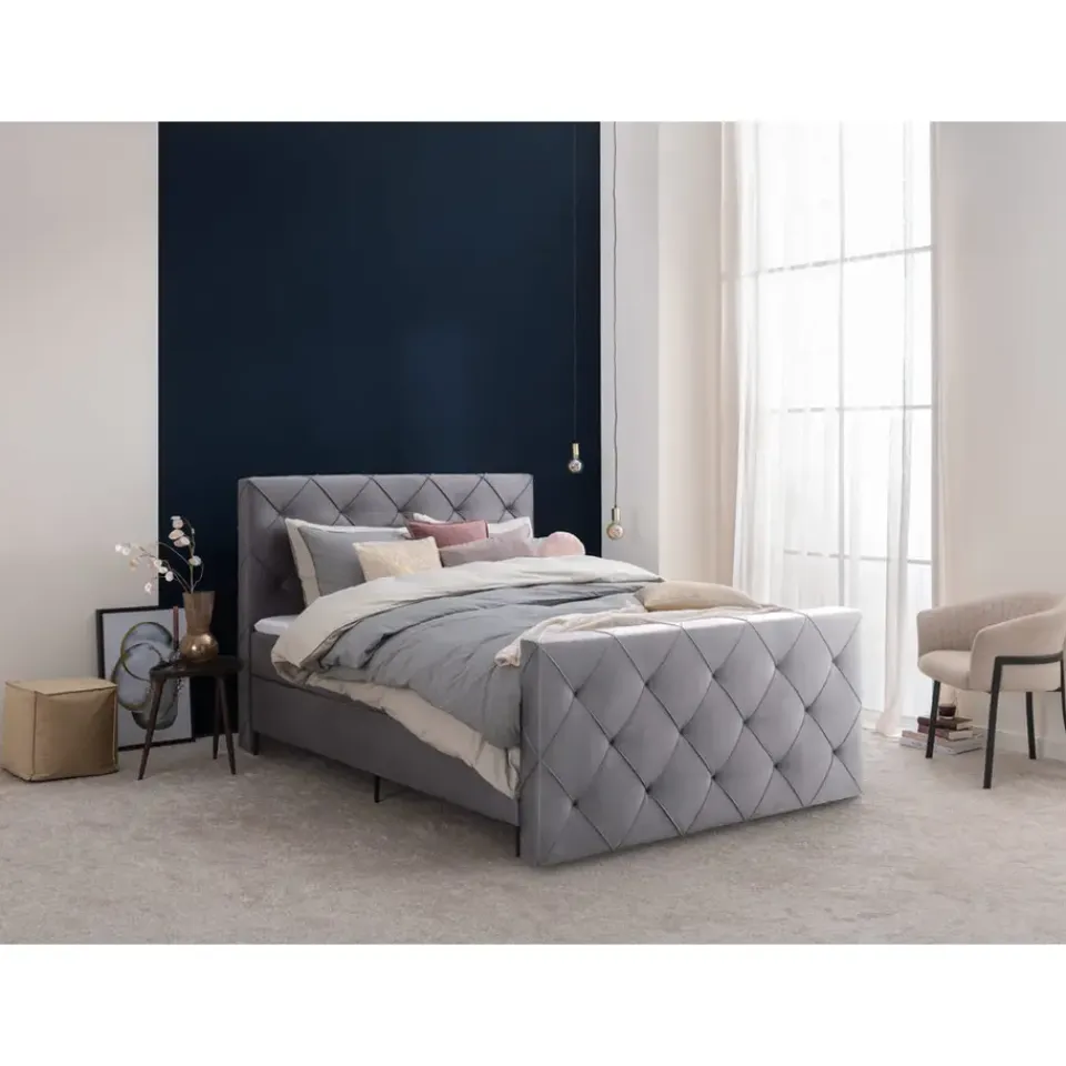 Leen Bakker Boxspring met voetbord Liv geruit - grijs - 120x200 cm - slanke poot Outlet