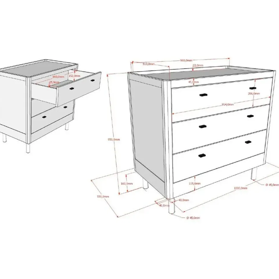 Vipack Commode Forrest - 3 lades - massief beukenhout - wit Clearance