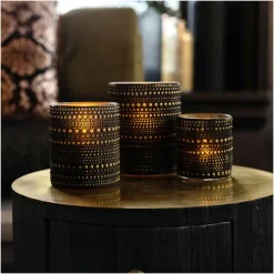 Countryfield theelichthouder/kaarsenhouder - zwart/goud - H8 cm Clearance