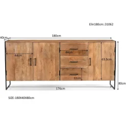 Livingfurn Dressoir Naturel Mangohout - Metaal - 180x40x80cm - Elin New