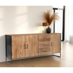 Livingfurn Dressoir Naturel Mangohout - Metaal - 180x40x80cm - Elin New