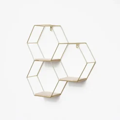 IVOL Driedubbel zeshoekig metalen wandrek met 3 houten plankjes - 40,5x41 cm - Goud Discount