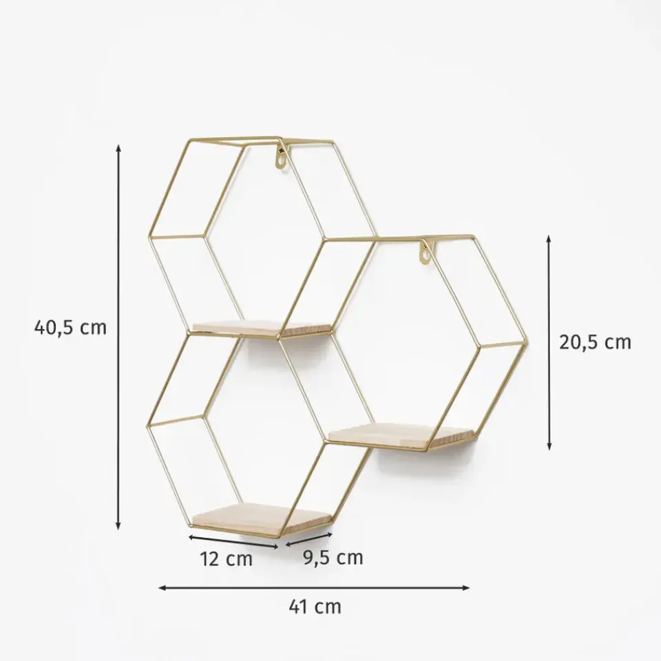 IVOL Driedubbel zeshoekig metalen wandrek met 3 houten plankjes - 40,5x41 cm - Goud Discount