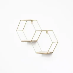 IVOL Dubbel zeshoekig metalen wandrek met 2 houten plankjes - 30,5x41 cm - Goud Discount