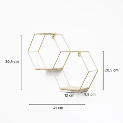 IVOL Dubbel zeshoekig metalen wandrek met 2 houten plankjes - 30,5x41 cm - Goud Discount