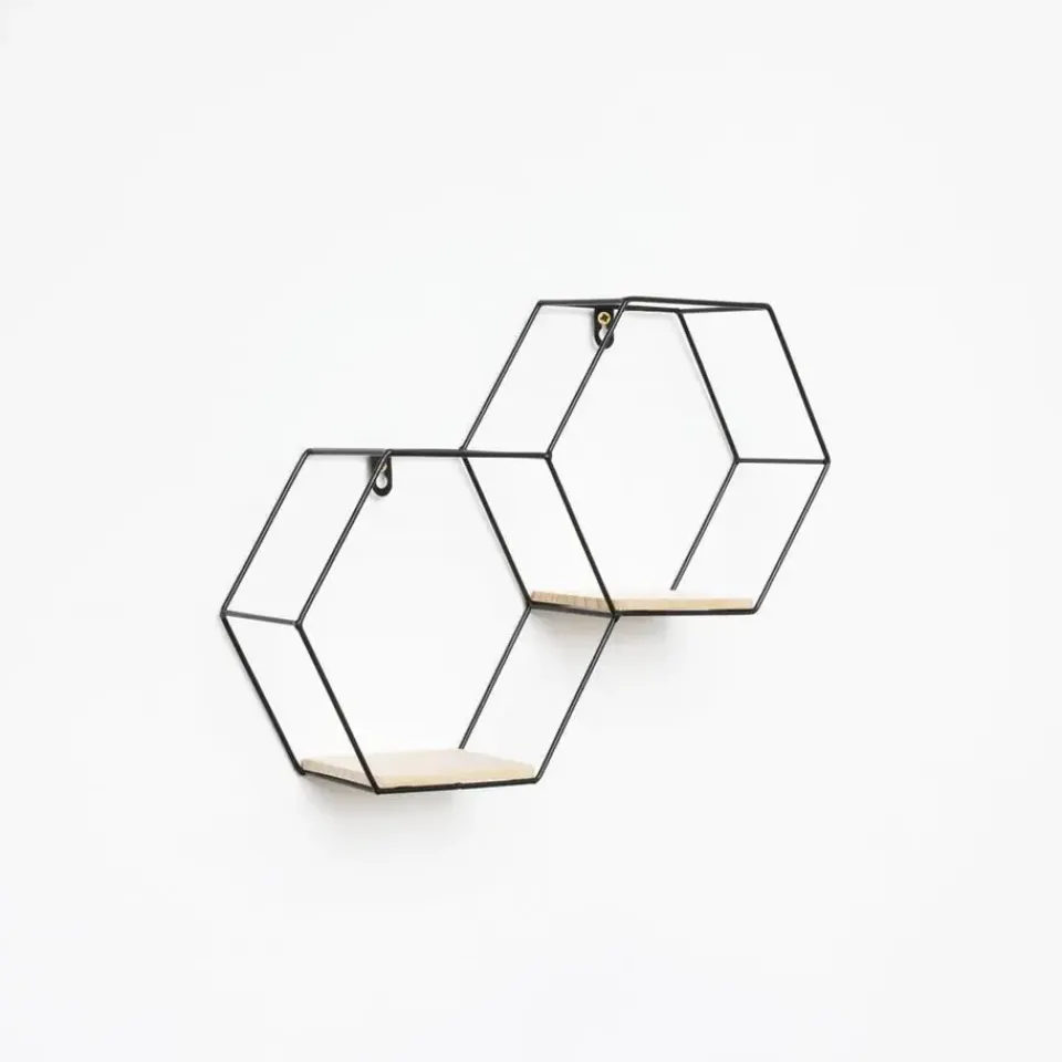 IVOL Dubbel zeshoekig metalen wandrek met 2 houten plankjes - 30,5x41 cm - Zwart Sale