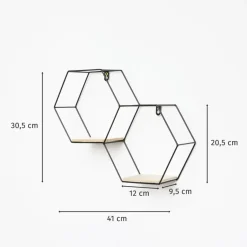 IVOL Dubbel zeshoekig metalen wandrek met 2 houten plankjes - 30,5x41 cm - Zwart Sale