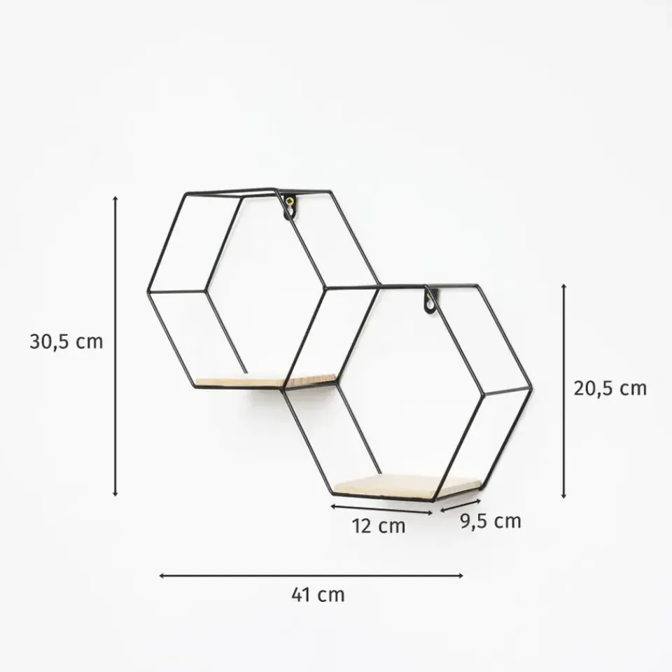 IVOL Dubbel zeshoekig metalen wandrek met 2 houten plankjes - 30,5x41 cm - Zwart Sale