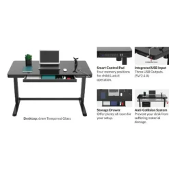 Euroseats Elektrisch verstelbaar bureau / thuiswerkplek - 120x60 cm - Glas zwart