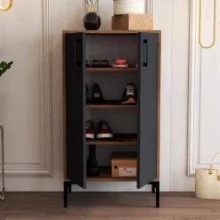 Emob Woody Modieus Schoenenkastje - 100% Melamine - Metalen Poot - Noten Best