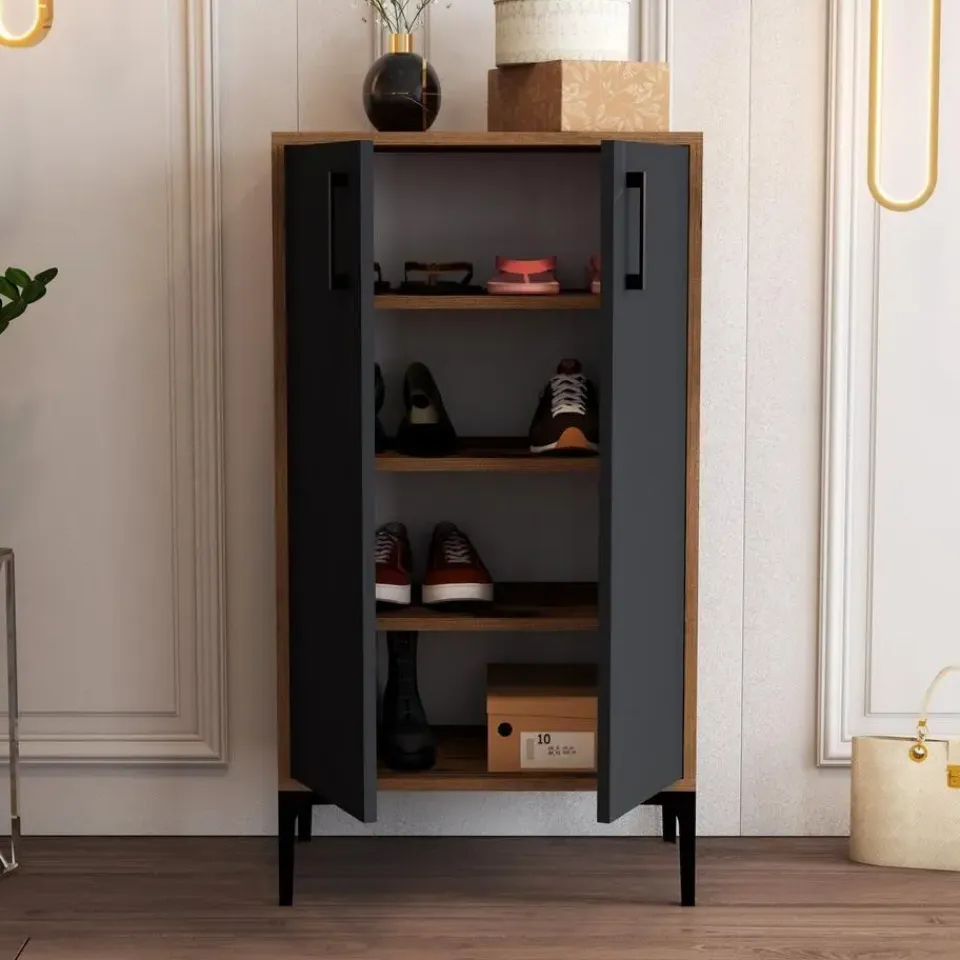 Emob Woody Modieus Schoenenkastje - 100% Melamine - Metalen Poot - Noten Best