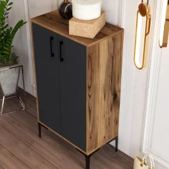 Emob Woody Modieus Schoenenkastje - 100% Melamine - Metalen Poot - Noten Best