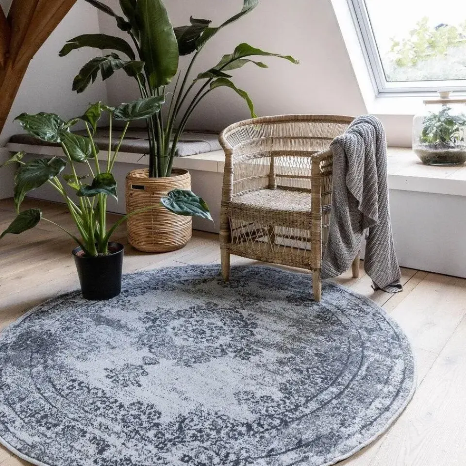 Eva Interior rond vintage Vloerkleed Bloom Grijs - 100 x 100 cm New