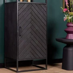 Furndea Scandi boekenkast industrieel visgraat zwart 1- deur - 45x55x200 cm Online