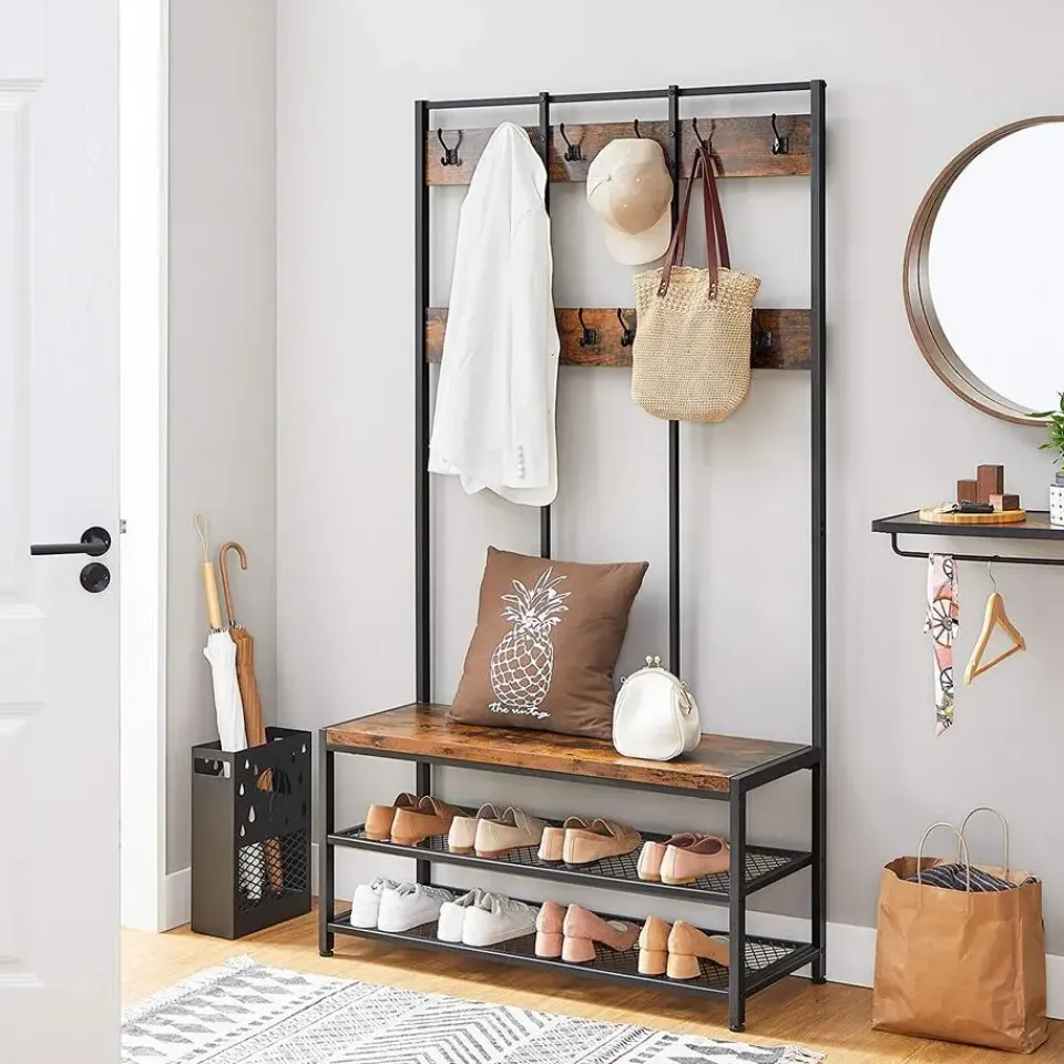 Merkloos Garderoberek XL - industriële look - 12 haken - 100x186x40 cm - vintage bruin Outlet