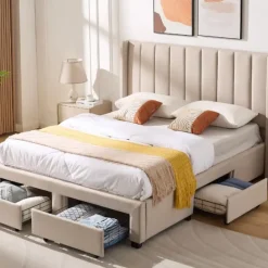 Emob Exclusive Gestoffeerd tweepersoonsbed Wallis - 140 x 200 cm - Met opberglades - Beige Online