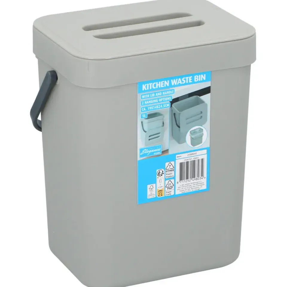 Merkloos Gft afvalbakje voor aanrecht - 5L - grijs - 24 x 19 x 14 cm Clearance