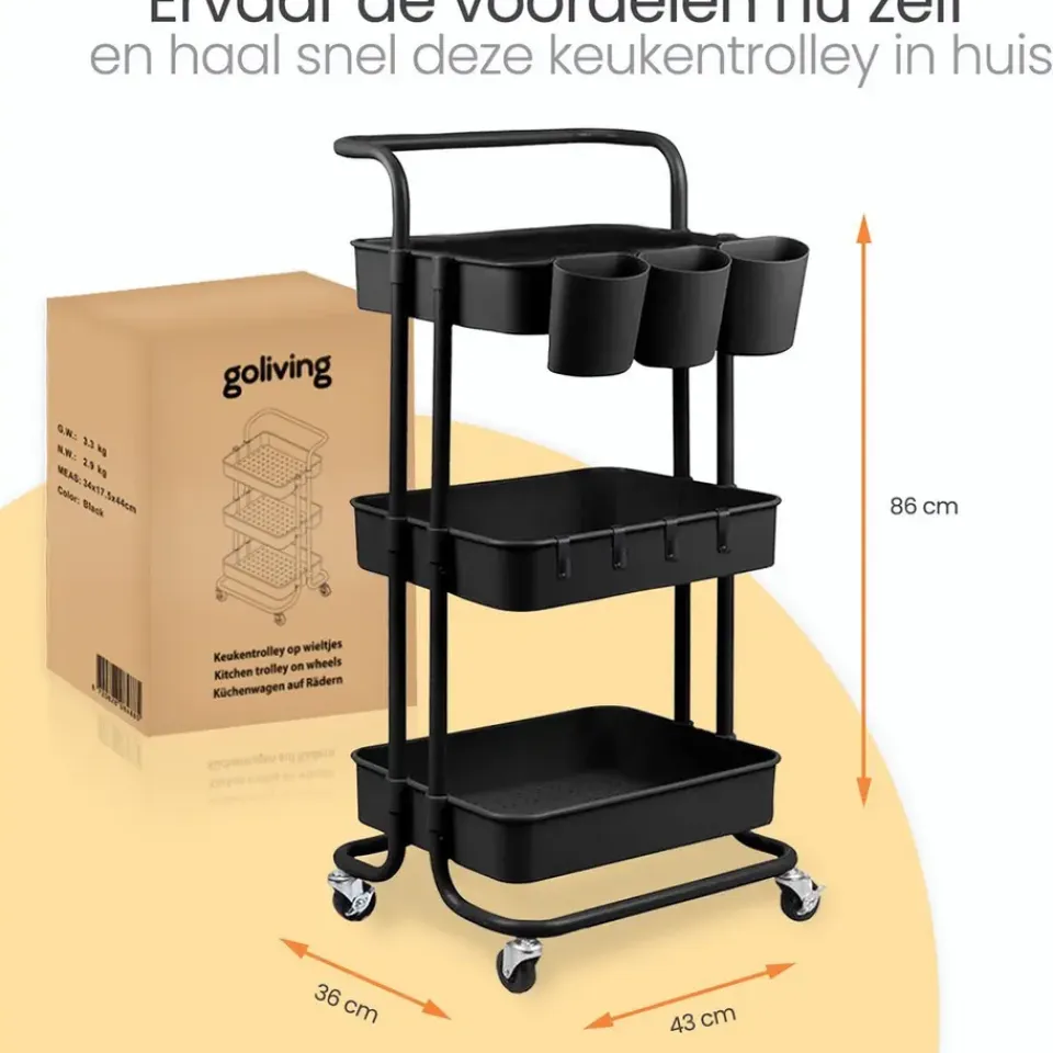 Goliving Keukentrolley op wieltjes - Serveerwagen - Keuken Trolley - Met Bakjes Clearance
