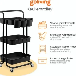 Goliving Keukentrolley op wieltjes - Serveerwagen - Keuken Trolley - Met Bakjes Clearance