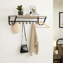 Merkloos Hangende Kapstok voor Muur of Wand - 8 Haken en 1 Bar - 90 cm Lang - Lichte Eik Hot