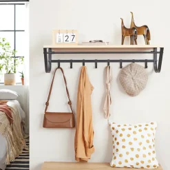 Merkloos Hangende Kapstok voor Muur of Wand - 8 Haken en 1 Bar - 90 cm Lang - Lichte Eik Hot