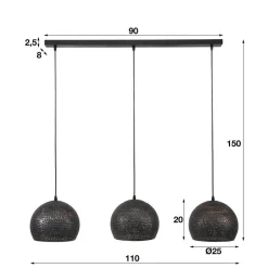 Dimehouse Hanglamp industrieel Aya 3-lichts zwart bruin 25x110x150 cm Zwart bruin Discount