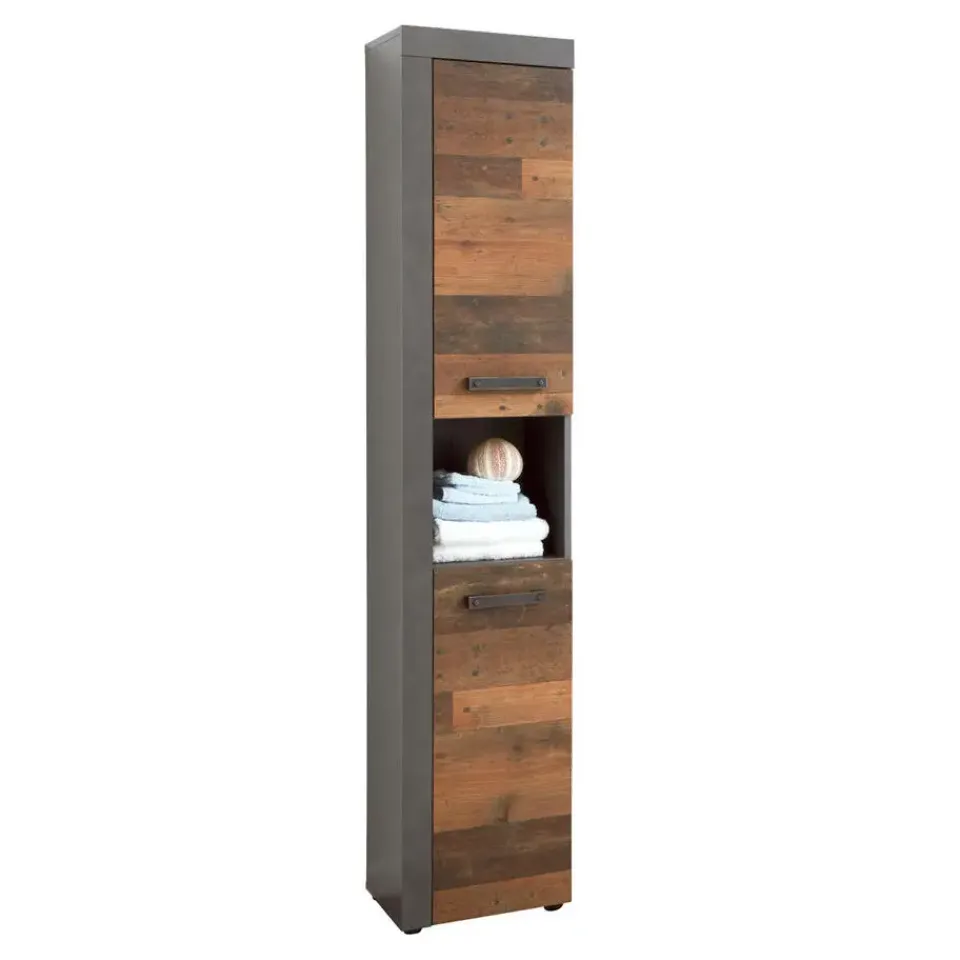 Hioshop CancunIndy kolomkast 2 deuren- 1 open vak eiken decor- oud houten Discount