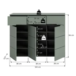 Merkloos Hioshop Canu schoenenkast 3 deuren- 3 lades stofgroen- donkergrijs New