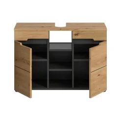 Merkloos Hioshop Canu wastafel 2 deuren- 3 planken eiken decor- grijs Discount