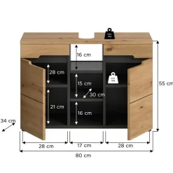 Merkloos Hioshop Canu wastafel 2 deuren- 3 planken eiken decor- grijs Discount