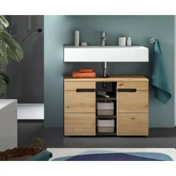 Merkloos Hioshop Canu wastafel 2 deuren- 3 planken eiken decor- grijs Discount