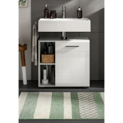 Merkloos Hioshop Copa wastafel 1 deur- 2 planken wit hoogglans- lichtgrijs Outlet